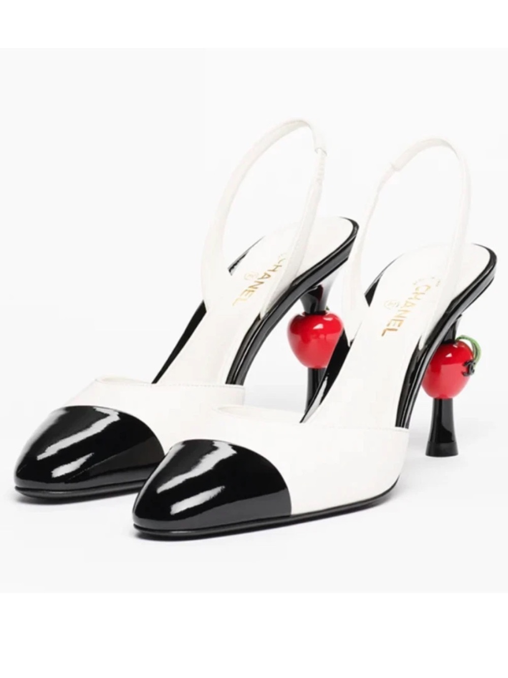 Chanel 26A Metiers Blazy White Black Red Apple Sling CC Slingback Heel Pump 38 - Picture 11 of 16